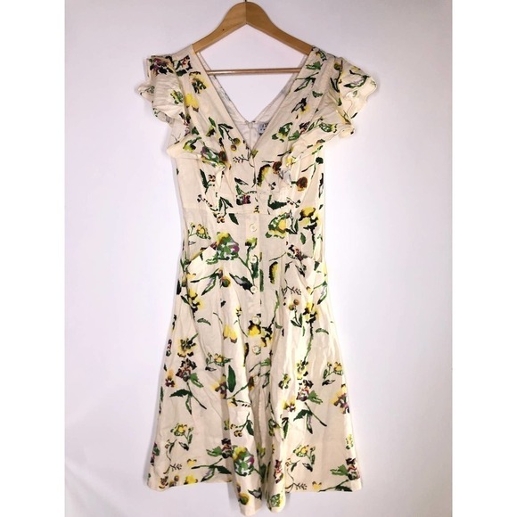 Tanya Taylor Inez Dress Lined V Neck Floral Midi Ivory 0 - Picture 6 of 16